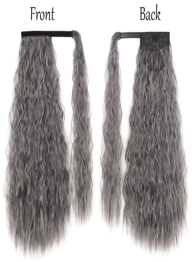 Stamped Glorious Long Corn Wave Ponytail Extension Magic Paste Heat Resistant Wavy Synthetic Wrap Around Ponytail Hairpiece for Black Women (22 Inch, 22 Inch-Grey) - Image 3